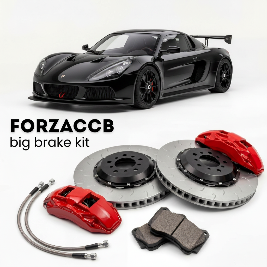 Black Radical Sportscars SR1 (2012-2026) shown above a ForzaCCB iron rotor big brake kit with 2x red 6-piston front calipers, 2x two-piece floating ventilated brake discs 380 mm, set of brake pads, and brake lines.