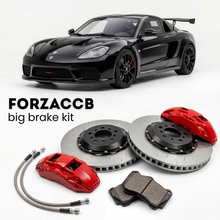 Black Radical Sportscars SR3 (2002-2026) shown above a ForzaCCB iron rotor big brake kit with 2x red 6-piston front calipers, 2x two-piece floating ventilated brake discs 380 mm, set of brake pads, and brake lines.