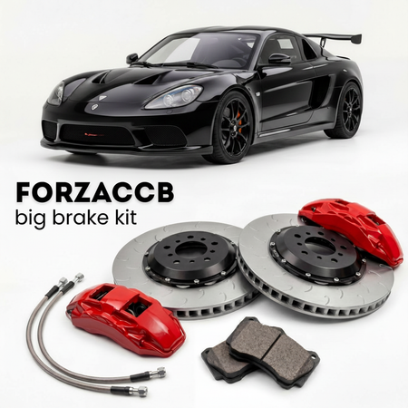Black Radical Sportscars SR3 (2002-2026) shown above a ForzaCCB iron rotor big brake kit with 2x red 6-piston front calipers, 2x two-piece floating ventilated brake discs 380 mm, set of brake pads, and brake lines.