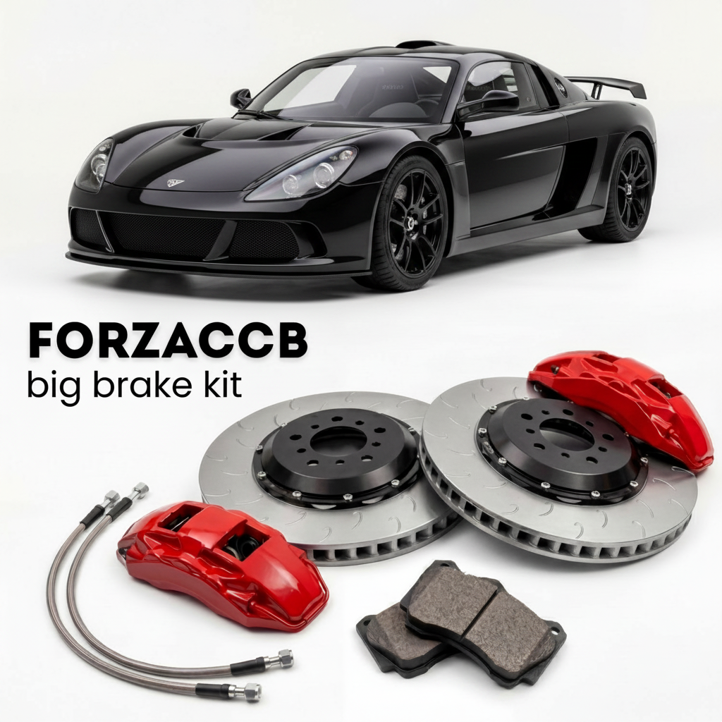 Black Radical Sportscars SR8 (2005-2026) shown above a ForzaCCB iron rotor big brake kit with 2x red 6-piston front calipers, 2x two-piece floating ventilated brake discs 380 mm, set of brake pads, and brake lines.