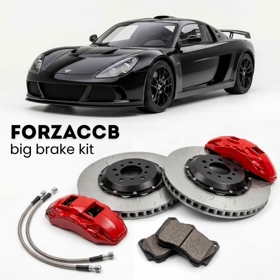 Black Radical Sportscars SR8 (2005-2026) shown above a ForzaCCB iron rotor big brake kit with 2x red 6-piston front calipers, 2x two-piece floating ventilated brake discs 380 mm, set of brake pads, and brake lines.