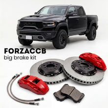 Black RAM 1500 TRX (2021-2024) shown above a ForzaCCB iron rotor big brake kit with 2x red 6-piston front calipers, 2x two-piece floating ventilated brake discs 380 mm, set of brake pads, and brake lines.