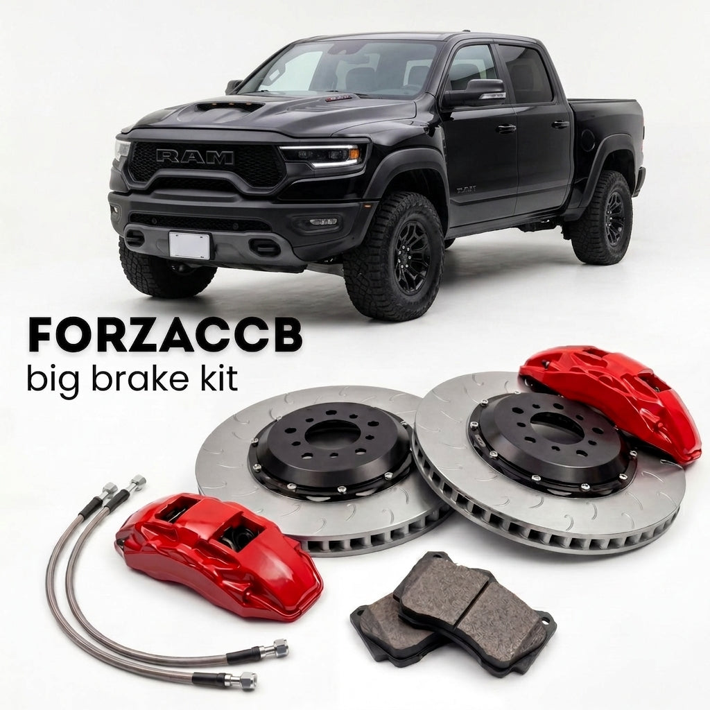 Black RAM 1500 TRX (2021-2024) shown above a ForzaCCB iron rotor big brake kit with 2x red 6-piston front calipers, 2x two-piece floating ventilated brake discs 380 mm, set of brake pads, and brake lines.