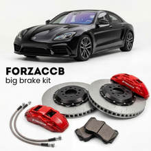Black Revolution A-One 500SC (2023-2026) shown above a ForzaCCB iron rotor big brake kit with 2x red 6-piston front calipers, 2x two-piece floating ventilated brake discs 380 mm, set of brake pads, and brake lines.