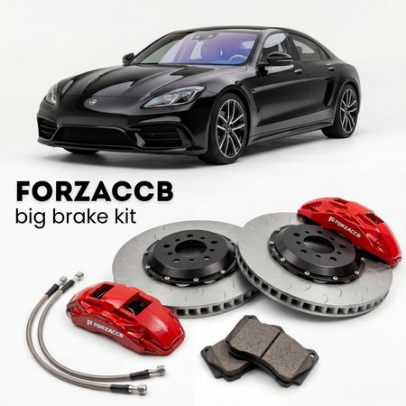 Black Revolution A-One 500SC (2023-2026) shown above a ForzaCCB iron rotor big brake kit with 2x red 6-piston front calipers, 2x two-piece floating ventilated brake discs 380 mm, set of brake pads, and brake lines.