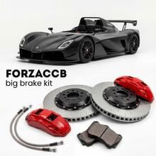 Black Revolution A1-R 500 EVO (2025-2026) shown above a ForzaCCB iron rotor big brake kit with 2x red 6-piston front calipers, 2x two-piece floating ventilated brake discs 380 mm, set of brake pads, and brake lines.