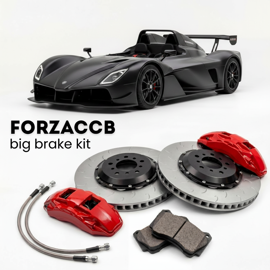 Black Revolution A1-R 500 EVO (2025-2026) shown above a ForzaCCB iron rotor big brake kit with 2x red 6-piston front calipers, 2x two-piece floating ventilated brake discs 380 mm, set of brake pads, and brake lines.