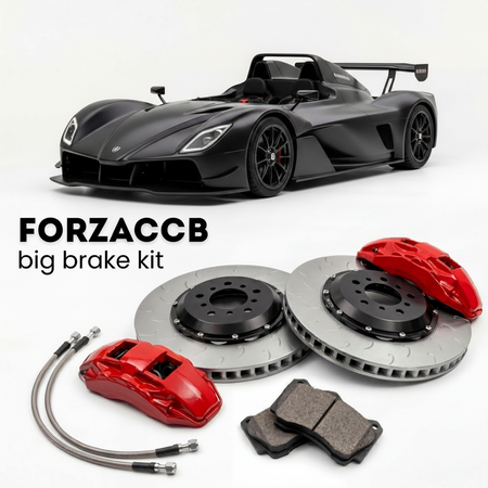 Black Revolution A1-R 500 EVO (2025-2026) shown above a ForzaCCB iron rotor big brake kit with 2x red 6-piston front calipers, 2x two-piece floating ventilated brake discs 380 mm, set of brake pads, and brake lines.