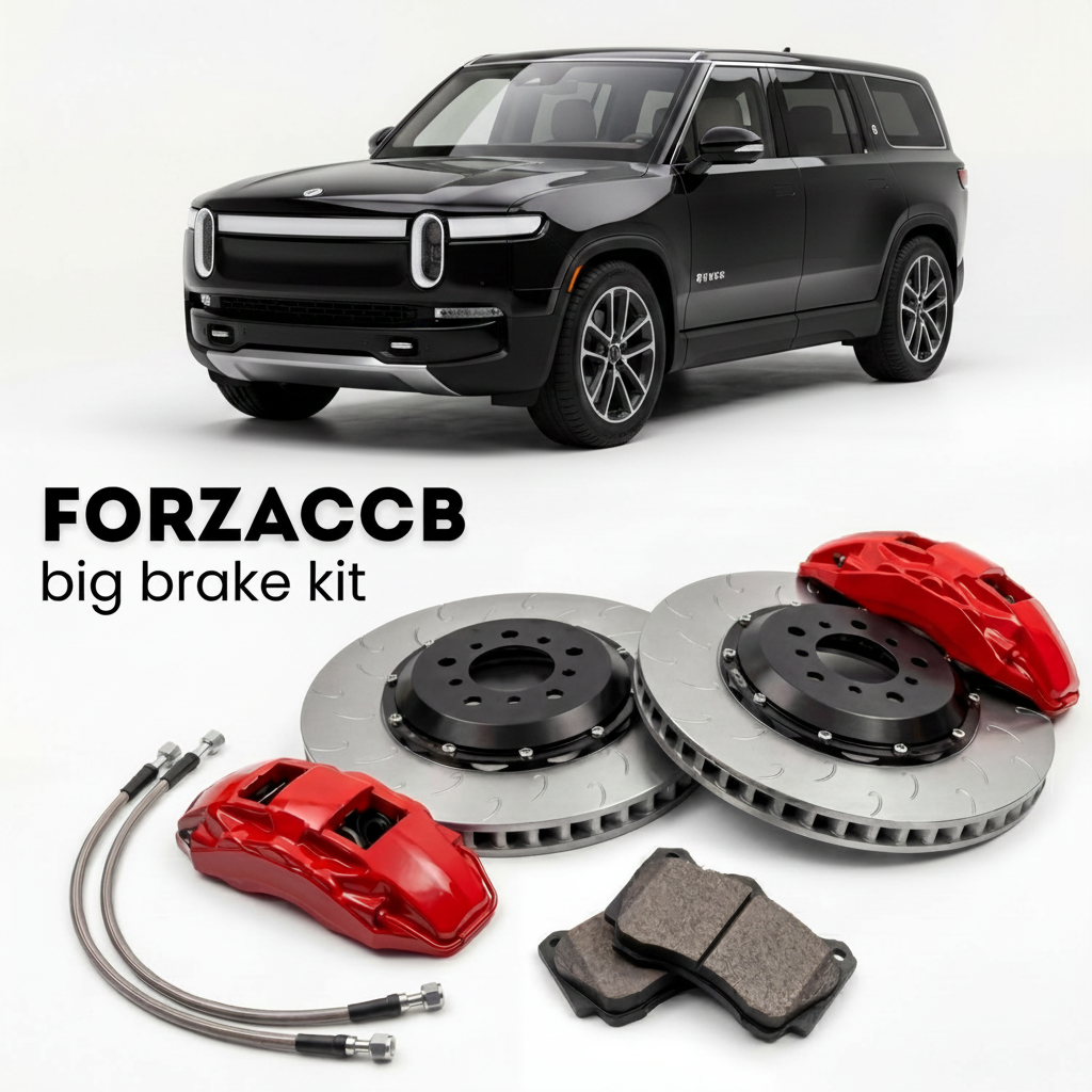 Black Rivian R1S (2022+) shown above a ForzaCCB iron rotor big brake kit with 2x red 6-piston front calipers, 2x two-piece floating ventilated brake discs 380 mm, set of brake pads, and brake lines.