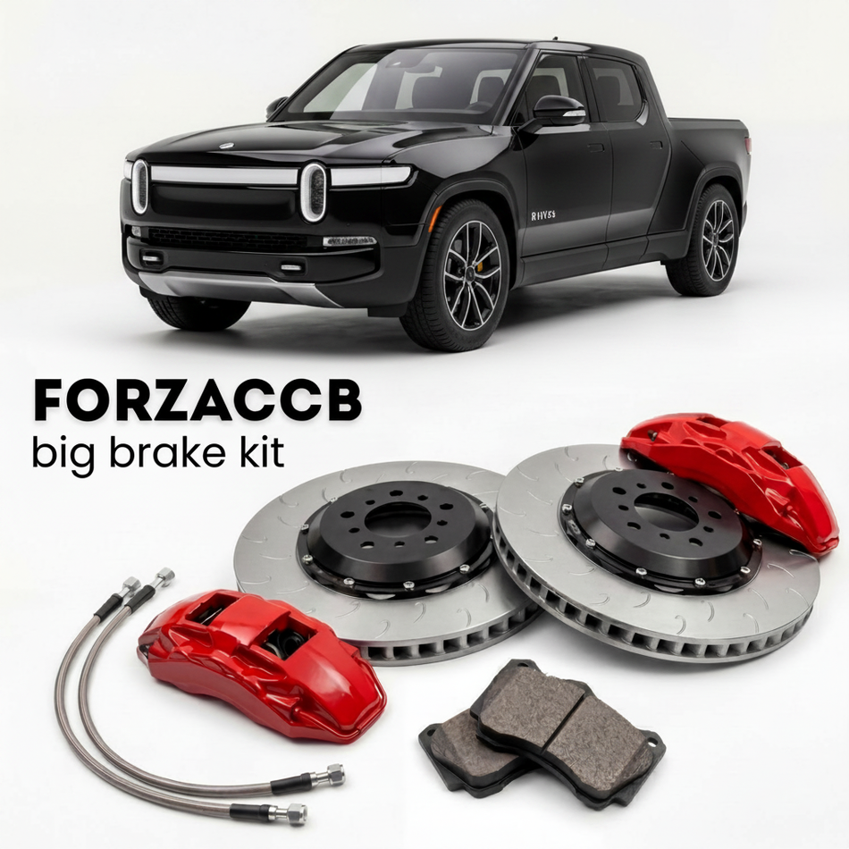Black Rivian R1T (2021+) shown above a ForzaCCB iron rotor big brake kit with 2x red 6-piston front calipers, 2x two-piece floating ventilated brake discs 380 mm, set of brake pads, and brake lines.