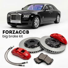 Black Rolls-Royce Ghost I (2009-2014) shown above a ForzaCCB iron rotor big brake kit with 2x red 6-piston front calipers, 2x two-piece floating ventilated brake discs 380 mm, set of brake pads, and brake lines.