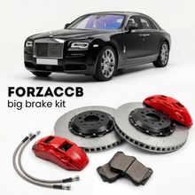 Black Rolls-Royce Ghost facelift 2014) (2014-2020 (I) shown above a ForzaCCB iron rotor big brake kit with 2x red 6-piston front calipers, 2x two-piece floating ventilated brake discs 380 mm, set of brake pads, and brake lines.