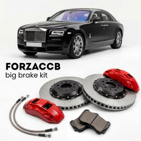 Black Rolls-Royce Ghost facelift 2014) (2014-2020 (I) shown above a ForzaCCB iron rotor big brake kit with 2x red 6-piston front calipers, 2x two-piece floating ventilated brake discs 380 mm, set of brake pads, and brake lines.