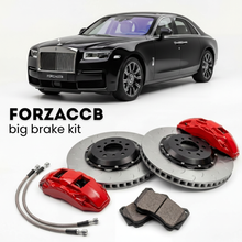 Black Rolls-Royce Ghost II (2020+) shown above a ForzaCCB iron rotor big brake kit with 2x red 6-piston front calipers, 2x two-piece floating ventilated brake discs 380 mm, set of brake pads, and brake lines.