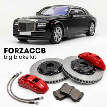 Black Rolls-Royce Phantom facelift 2012) (2012-2016 (Coupe) shown above a ForzaCCB iron rotor big brake kit with 2x red 6-piston front calipers, 2x two-piece floating ventilated brake discs 380 mm, set of brake pads, and brake lines.