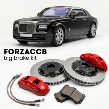 Black Rolls-Royce Phantom Drophead Coupe (2007-2016) shown above a ForzaCCB iron rotor big brake kit with 2x red 6-piston front calipers, 2x two-piece floating ventilated brake discs 380 mm, set of brake pads, and brake lines.