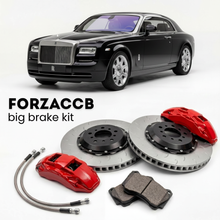 Black Rolls-Royce Phantom facelift 2012) (2012-2016 (Drophead Coupe) shown above a ForzaCCB iron rotor big brake kit with 2x red 6-piston front calipers, 2x two-piece floating ventilated brake discs 380 mm, set of brake pads, and brake lines.