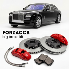 Black Rolls-Royce Phantom facelift 2012) (2012-2016 (Extended Wheelbase VII) shown above a ForzaCCB iron rotor big brake kit with 2x red 6-piston front calipers, 2x two-piece floating ventilated brake discs 380 mm, set of brake pads, and brake lines.