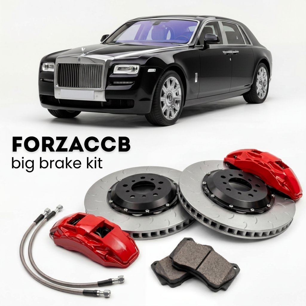 Black Rolls-Royce Phantom facelift 2012) (2012-2016 (Extended Wheelbase VII) shown above a ForzaCCB iron rotor big brake kit with 2x red 6-piston front calipers, 2x two-piece floating ventilated brake discs 380 mm, set of brake pads, and brake lines.