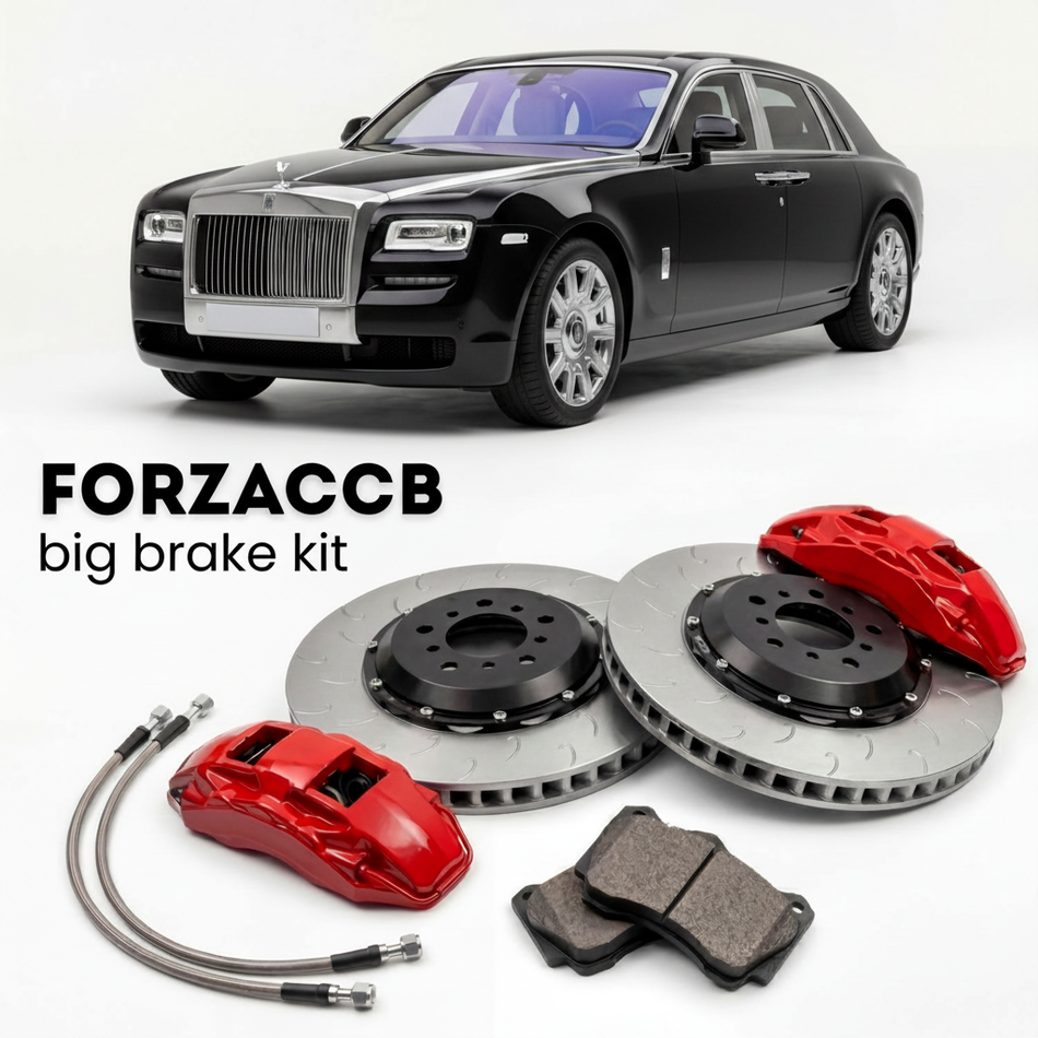Black Rolls-Royce Phantom facelift 2012) (2012-2016 (Extended Wheelbase VII) shown above a ForzaCCB iron rotor big brake kit with 2x red 6-piston front calipers, 2x two-piece floating ventilated brake discs 380 mm, set of brake pads, and brake lines.