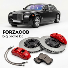 Black Rolls-Royce Phantom VII (2005-2012) shown above a ForzaCCB iron rotor big brake kit with 2x red 6-piston front calipers, 2x two-piece floating ventilated brake discs 380 mm, set of brake pads, and brake lines.