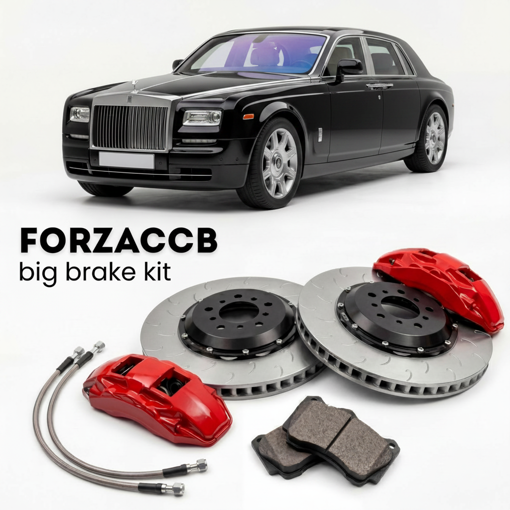 Black Rolls-Royce Phantom VII (2005-2012) shown above a ForzaCCB iron rotor big brake kit with 2x red 6-piston front calipers, 2x two-piece floating ventilated brake discs 380 mm, set of brake pads, and brake lines.