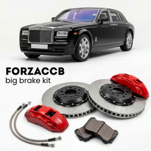 Black Rolls-Royce Phantom VII Extended Wheelbase (2005-2012) shown above a ForzaCCB iron rotor big brake kit with 2x red 6-piston front calipers, 2x two-piece floating ventilated brake discs 380 mm, set of brake pads, and brake lines.