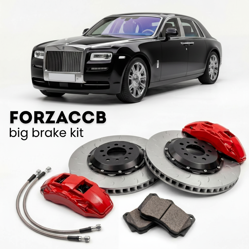 Black Rolls-Royce Phantom facelift 2012) (2012-2016 (VII) shown above a ForzaCCB iron rotor big brake kit with 2x red 6-piston front calipers, 2x two-piece floating ventilated brake discs 380 mm, set of brake pads, and brake lines.