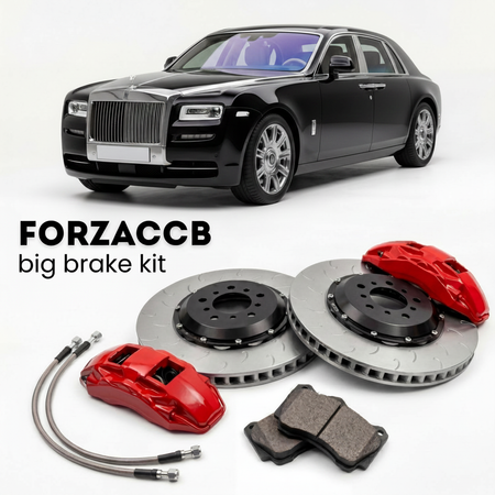 Black Rolls-Royce Phantom facelift 2012) (2012-2016 (VII) shown above a ForzaCCB iron rotor big brake kit with 2x red 6-piston front calipers, 2x two-piece floating ventilated brake discs 380 mm, set of brake pads, and brake lines.