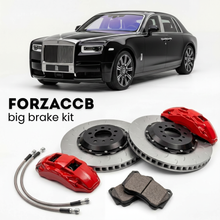 Black Rolls-Royce Phantom VIII (2017+) shown above a ForzaCCB iron rotor big brake kit with 2x red 6-piston front calipers, 2x two-piece floating ventilated brake discs 380 mm, set of brake pads, and brake lines.