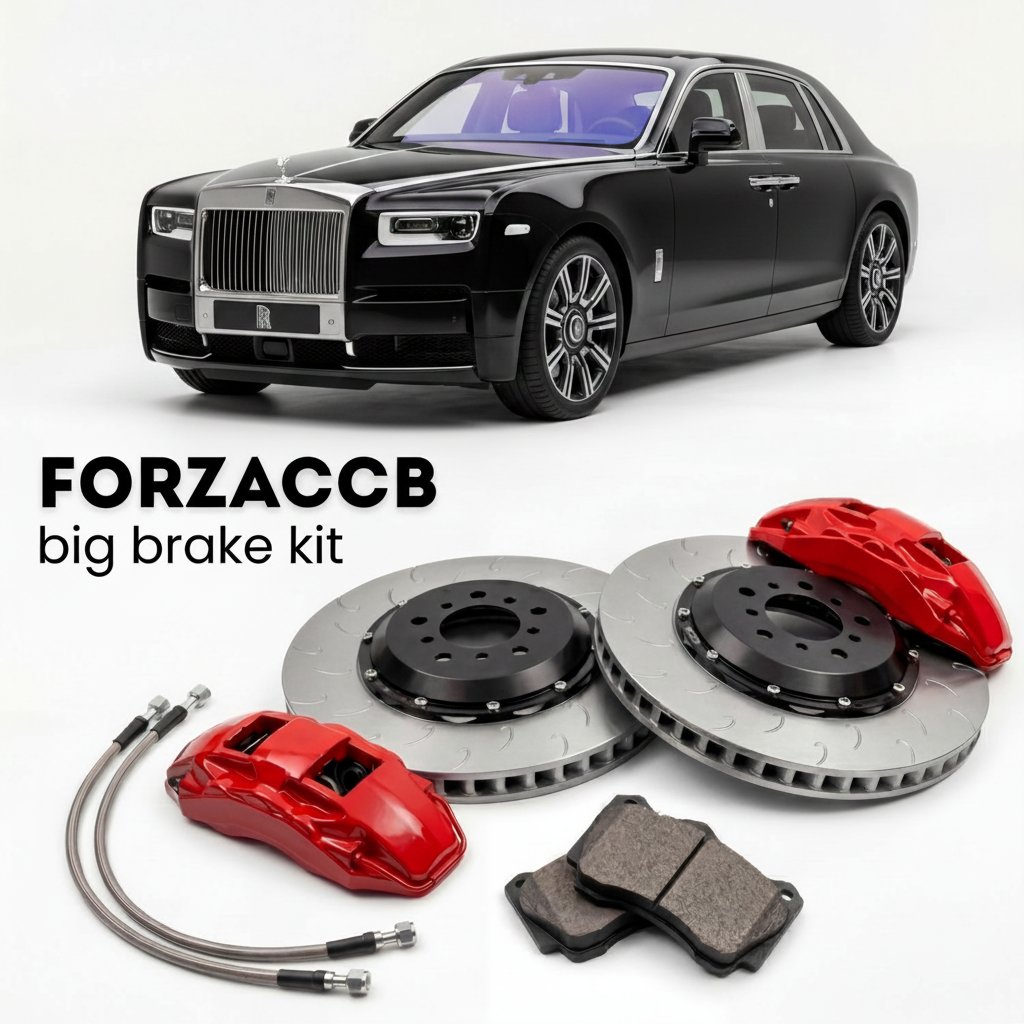 Black Rolls-Royce Phantom VIII (2017+) shown above a ForzaCCB iron rotor big brake kit with 2x red 6-piston front calipers, 2x two-piece floating ventilated brake discs 380 mm, set of brake pads, and brake lines.