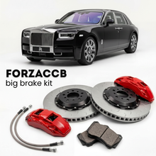 Black Rolls-Royce Phantom VIII Extended Wheelbase (2017+) shown above a ForzaCCB iron rotor big brake kit with 2x red 6-piston front calipers, 2x two-piece floating ventilated brake discs 380 mm, set of brake pads, and brake lines.