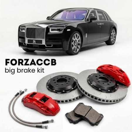 Black Rolls-Royce Phantom VIII Extended Wheelbase (2017+) shown above a ForzaCCB iron rotor big brake kit with 2x red 6-piston front calipers, 2x two-piece floating ventilated brake discs 380 mm, set of brake pads, and brake lines.