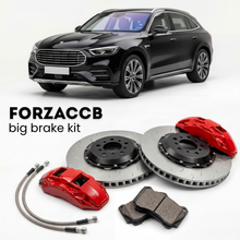 Black Rox 01 (2023+) shown above a ForzaCCB iron rotor big brake kit with 2x red 6-piston front calipers, 2x two-piece floating ventilated brake discs 380 mm, set of brake pads, and brake lines.