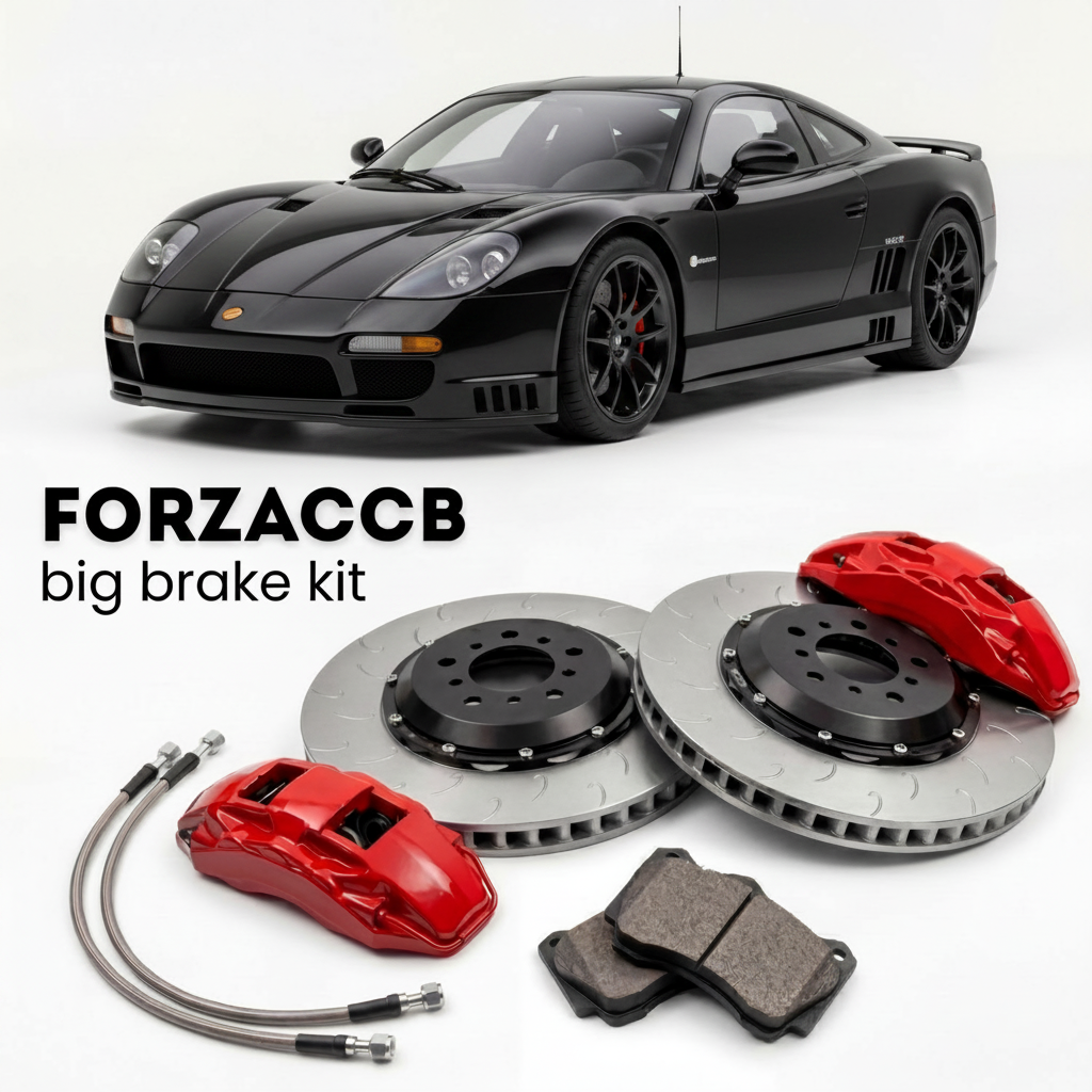 Black Saleen S7 Twin Turbo (2005-2009) shown above a ForzaCCB iron rotor big brake kit with 2x red 6-piston front calipers, 2x two-piece floating ventilated brake discs 380 mm, set of brake pads, and brake lines.