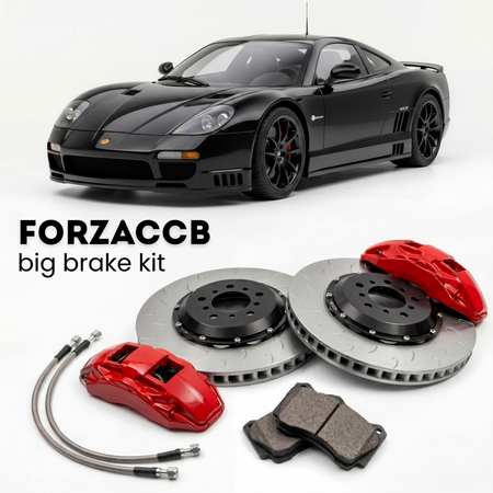 Black Saleen S7 Twin Turbo (2005-2009) shown above a ForzaCCB iron rotor big brake kit with 2x red 6-piston front calipers, 2x two-piece floating ventilated brake discs 380 mm, set of brake pads, and brake lines.
