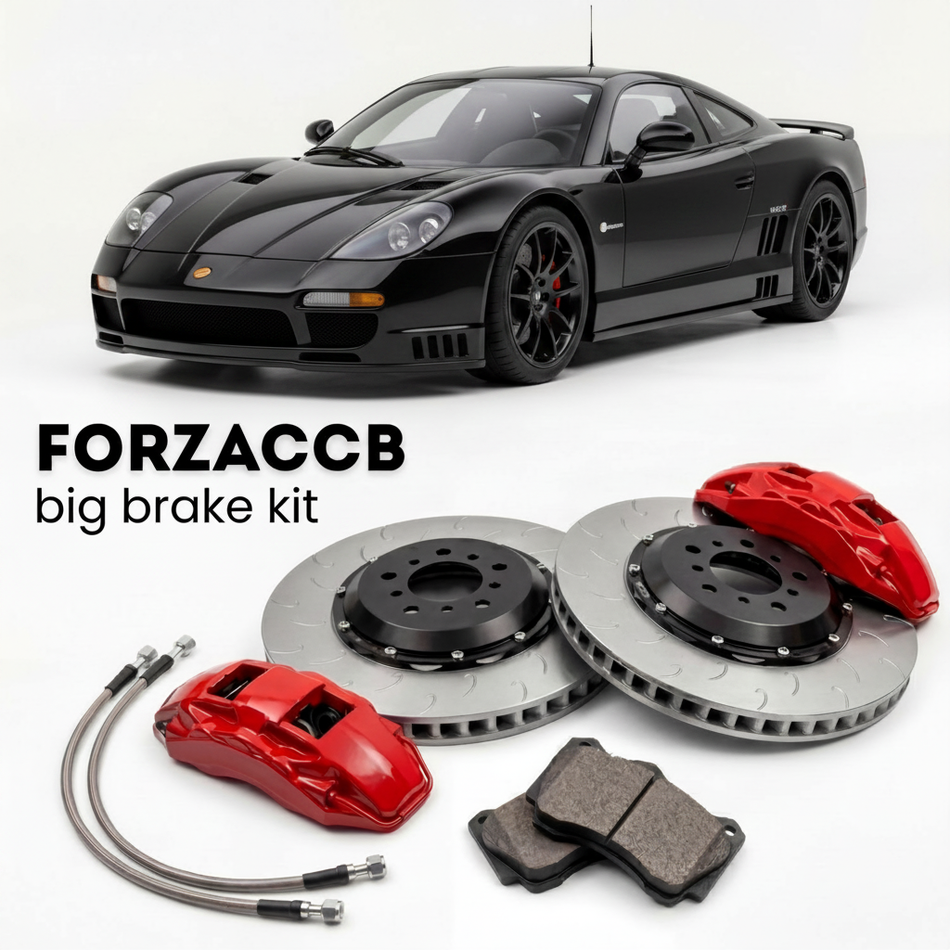 Black Saleen S7 Twin Turbo (2005-2009) shown above a ForzaCCB iron rotor big brake kit with 2x red 6-piston front calipers, 2x two-piece floating ventilated brake discs 380 mm, set of brake pads, and brake lines.