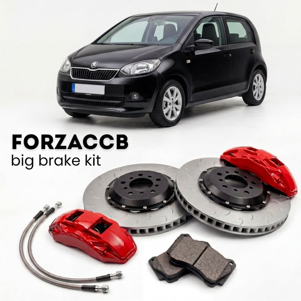Black Skoda Citigo AA (2013-2021) shown above a ForzaCCB iron rotor big brake kit with 2x red 6-piston front calipers, 2x two-piece floating ventilated brake discs 380 mm, set of brake pads, and brake lines.