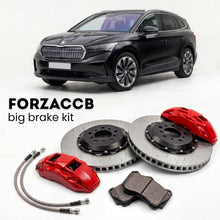 Black Skoda Enyaq iV NY (2020+) shown above a ForzaCCB iron rotor big brake kit with 2x red 6-piston front calipers, 2x two-piece floating ventilated brake discs 380 mm, set of brake pads, and brake lines.