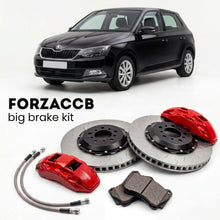 Black Skoda Fabia III NJ (2014-2021) shown above a ForzaCCB iron rotor big brake kit with 2x red 6-piston front calipers, 2x two-piece floating ventilated brake discs 380 mm, set of brake pads, and brake lines.