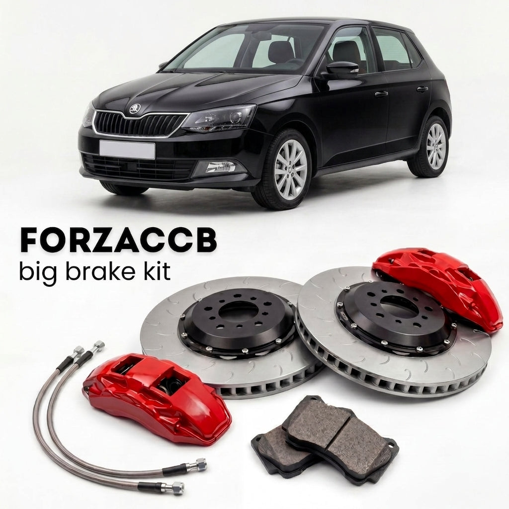 Black Skoda Fabia III NJ (2014-2021) shown above a ForzaCCB iron rotor big brake kit with 2x red 6-piston front calipers, 2x two-piece floating ventilated brake discs 380 mm, set of brake pads, and brake lines.