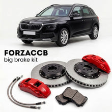 Black Skoda Kamiq NW (2019+) shown above a ForzaCCB iron rotor big brake kit with 2x red 6-piston front calipers, 2x two-piece floating ventilated brake discs 380 mm, set of brake pads, and brake lines.
