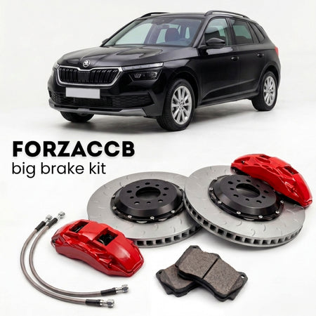 Black Skoda Kamiq NW (2019+) shown above a ForzaCCB iron rotor big brake kit with 2x red 6-piston front calipers, 2x two-piece floating ventilated brake discs 380 mm, set of brake pads, and brake lines.