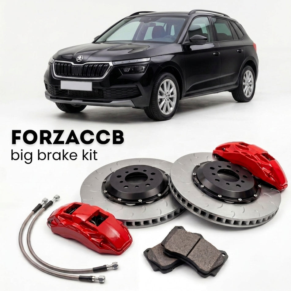 Black Skoda Kamiq NW (2019+) shown above a ForzaCCB iron rotor big brake kit with 2x red 6-piston front calipers, 2x two-piece floating ventilated brake discs 380 mm, set of brake pads, and brake lines.