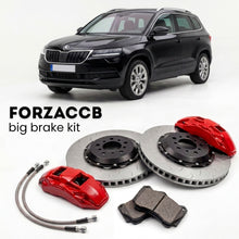 Black Skoda Karoq NU (2017+) shown above a ForzaCCB iron rotor big brake kit with 2x red 6-piston front calipers, 2x two-piece floating ventilated brake discs 380 mm, set of brake pads, and brake lines.