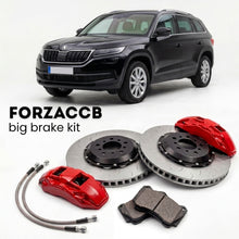 Black Skoda Kodiaq NS (2016-2023) shown above a ForzaCCB iron rotor big brake kit with 2x red 6-piston front calipers, 2x two-piece floating ventilated brake discs 380 mm, set of brake pads, and brake lines.