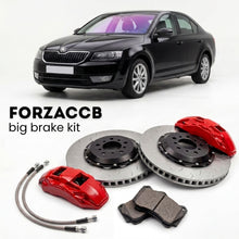 Black Skoda Octavia III 5E (2013-2020) shown above a ForzaCCB iron rotor big brake kit with 2x red 6-piston front calipers, 2x two-piece floating ventilated brake discs 380 mm, set of brake pads, and brake lines.