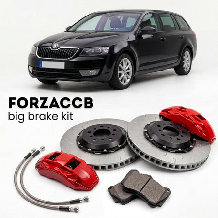Black Skoda Octavia III Combi 5E (2013-2020) shown above a ForzaCCB iron rotor big brake kit with 2x red 6-piston front calipers, 2x two-piece floating ventilated brake discs 380 mm, set of brake pads, and brake lines.