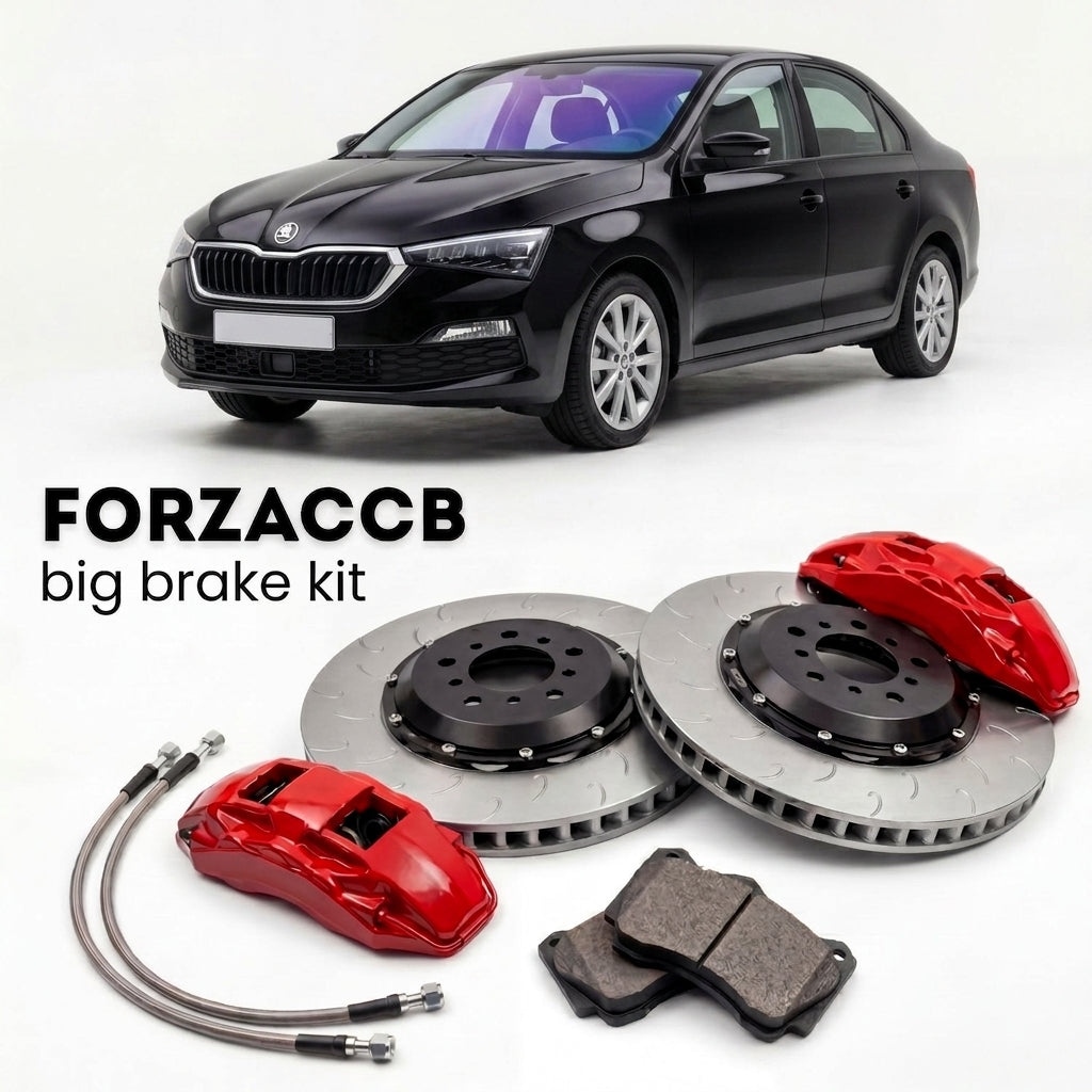 Black Skoda Rapid NH (2013-2023) shown above a ForzaCCB iron rotor big brake kit with 2x red 6-piston front calipers, 2x two-piece floating ventilated brake discs 380 mm, set of brake pads, and brake lines.