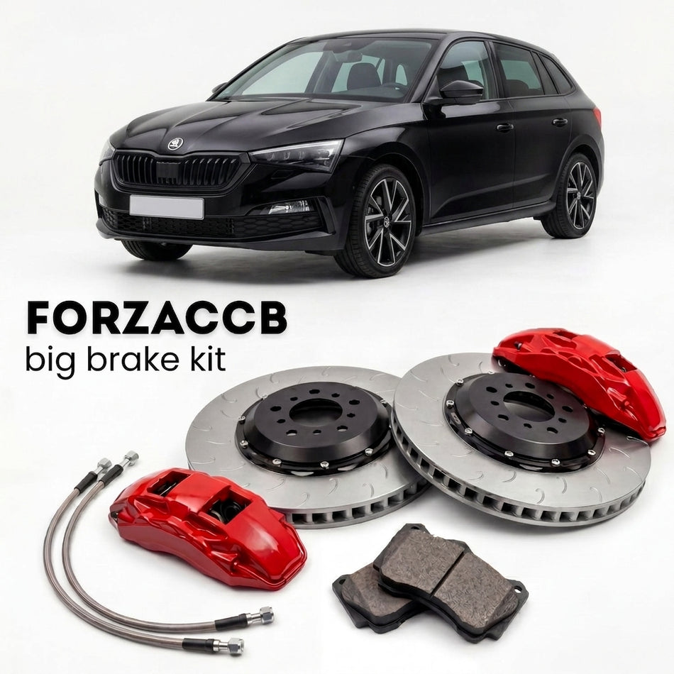 Black Skoda Scala NW (2019+) shown above a ForzaCCB iron rotor big brake kit with 2x red 6-piston front calipers, 2x two-piece floating ventilated brake discs 380 mm, set of brake pads, and brake lines.